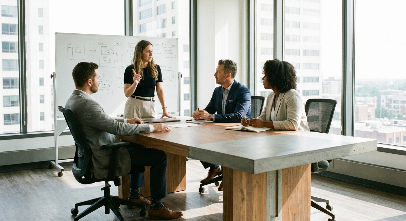 Distribution company leadership team discussing implementation strategy