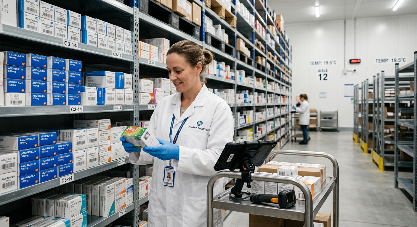 Pharmaceutical distribution warehouse with workers reviewing inventory on tablets