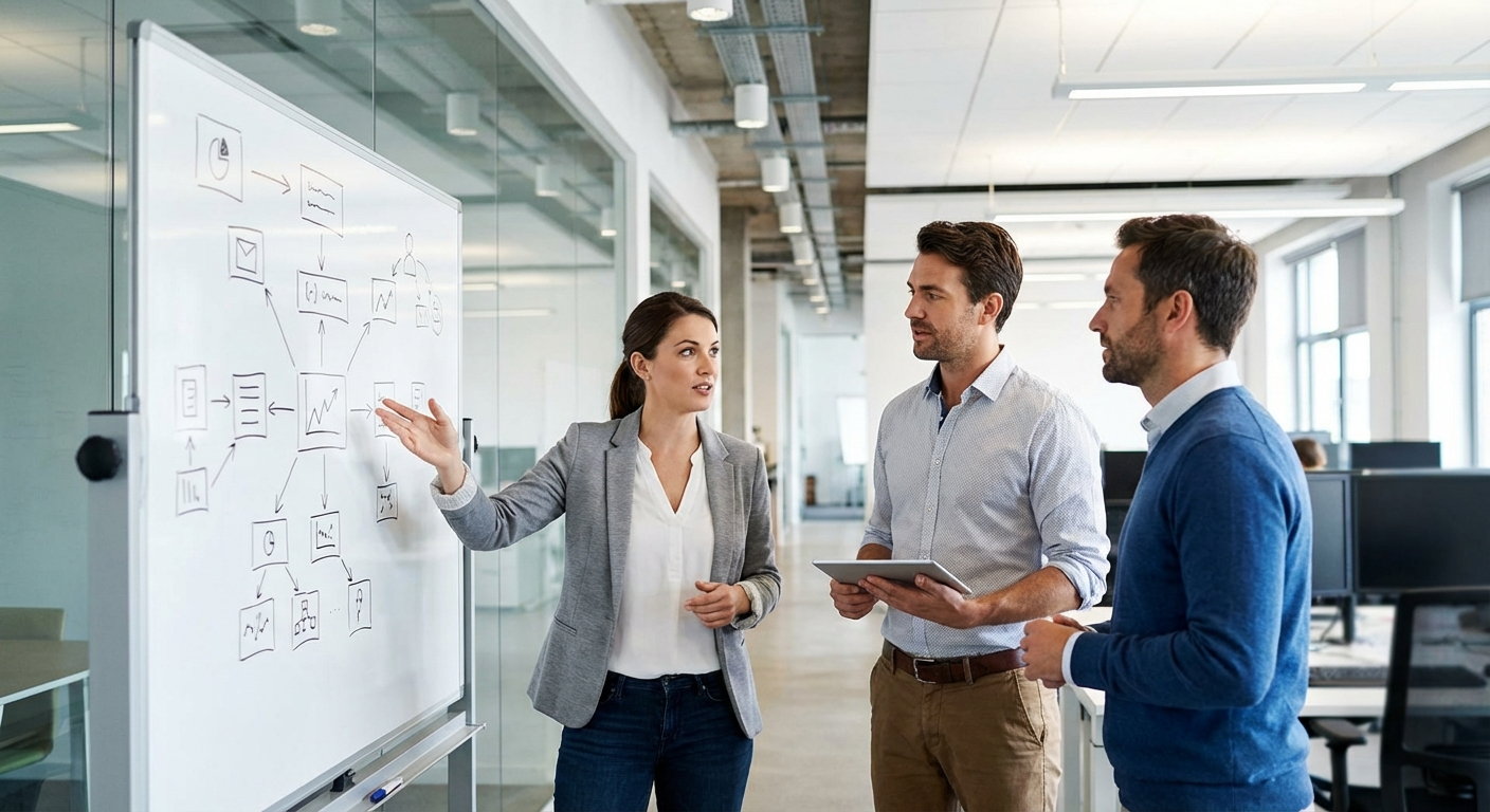 Team evaluating software options at whiteboard