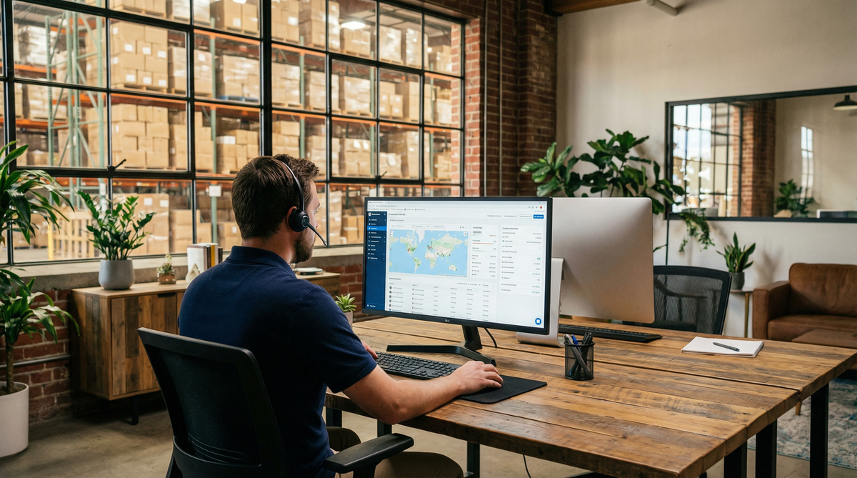 Distribution company employee talking on a phone headset in a warehouse office