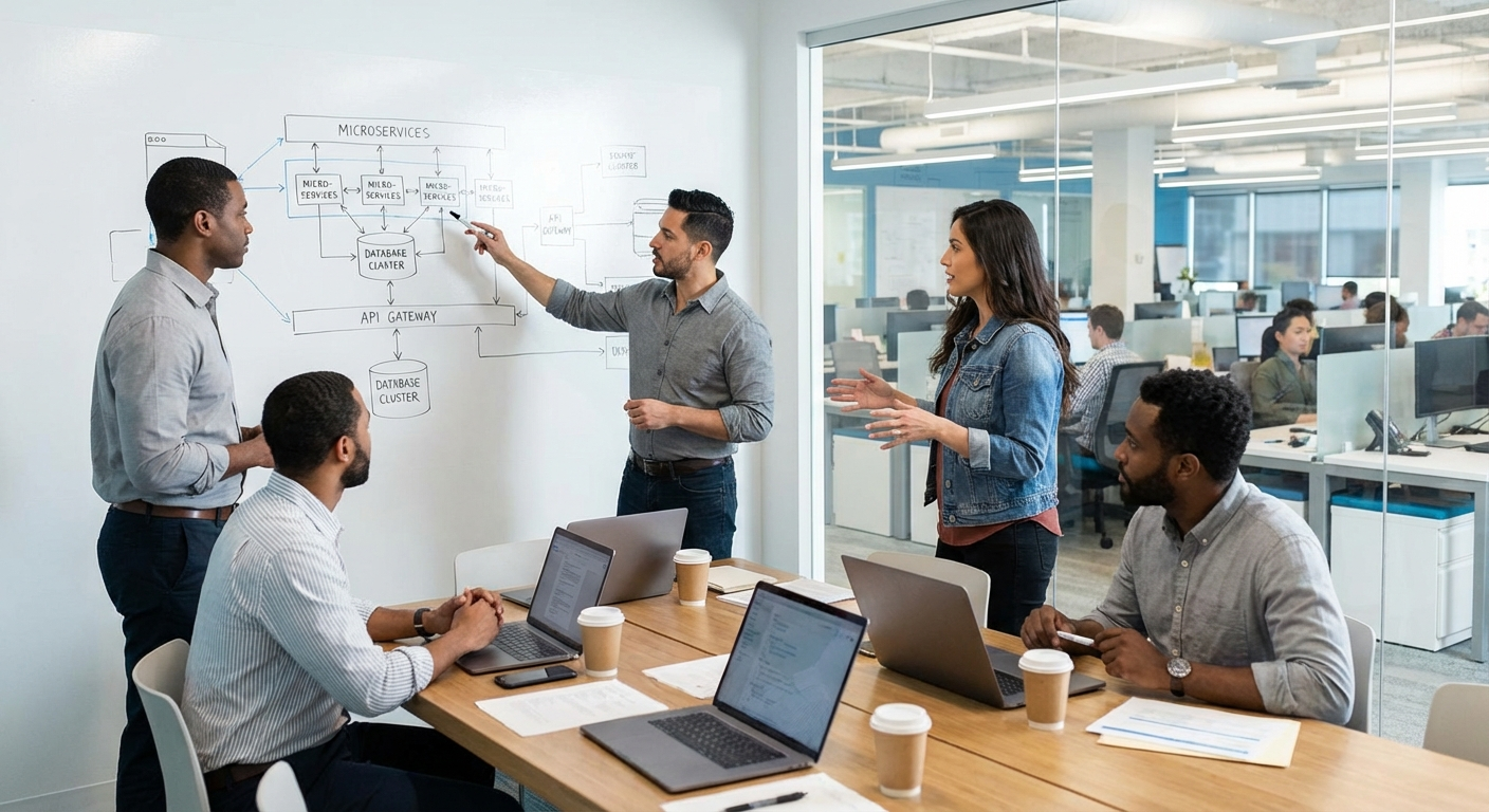 Distribution team members reviewing operations on a warehouse floor
