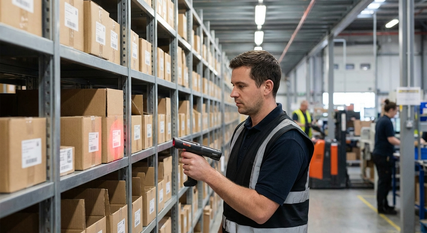Warehouse worker scanning inventory with a handheld device