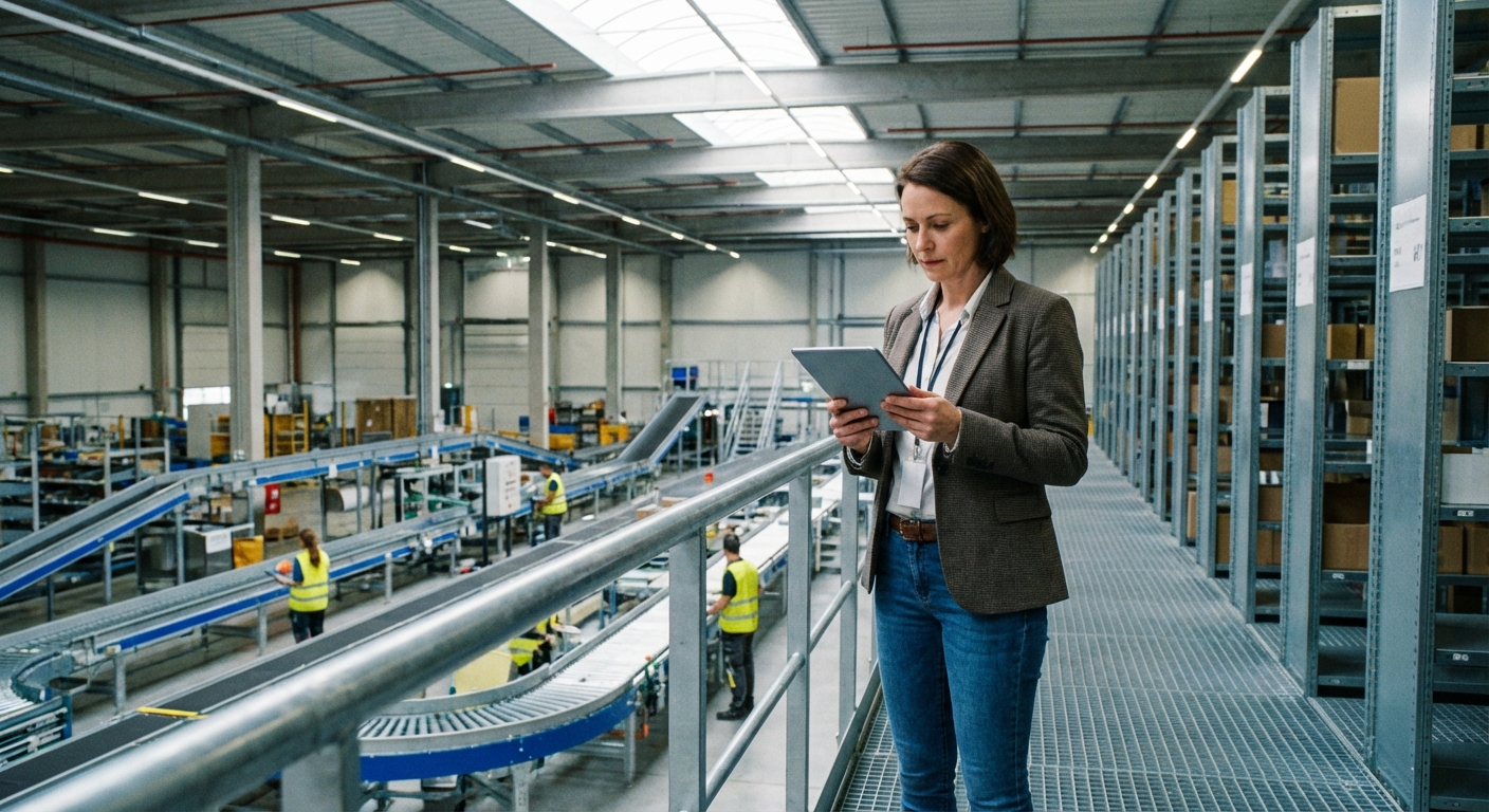 Operations manager reviewing workflow metrics on tablet in distribution facility