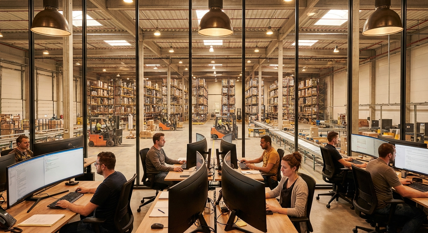Distribution office with workers using modern screens alongside warehouse operations