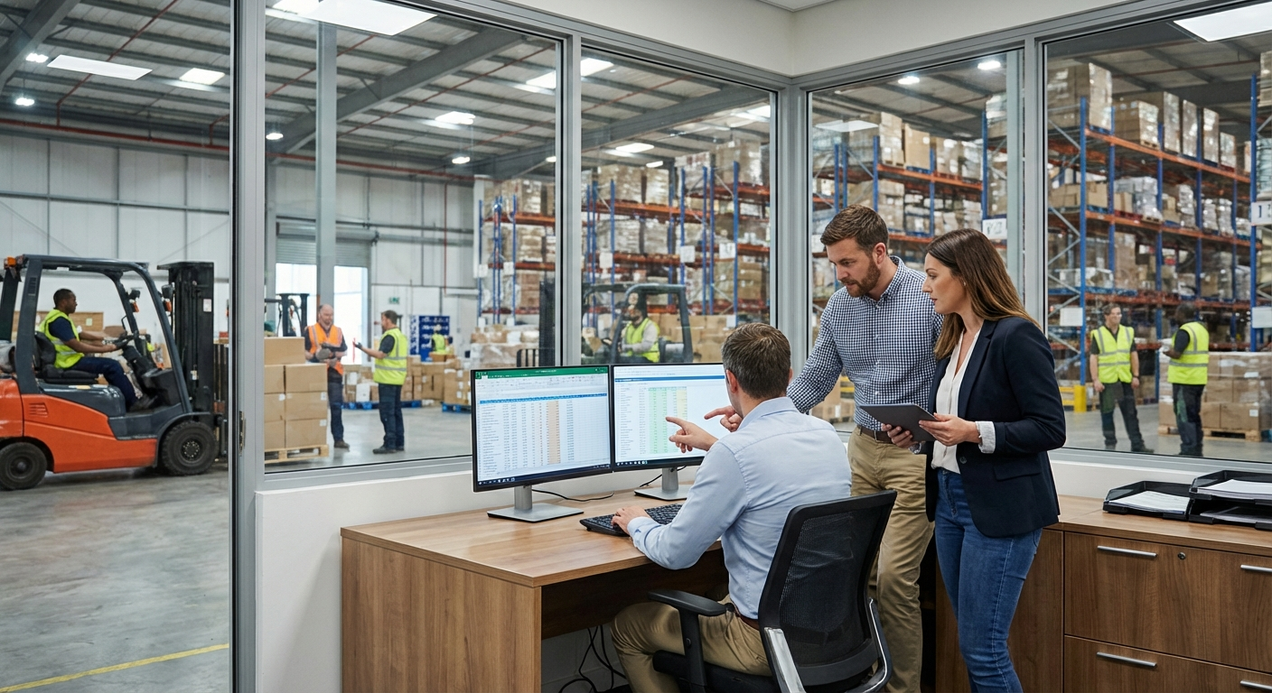 Team reviewing operations data in distribution center