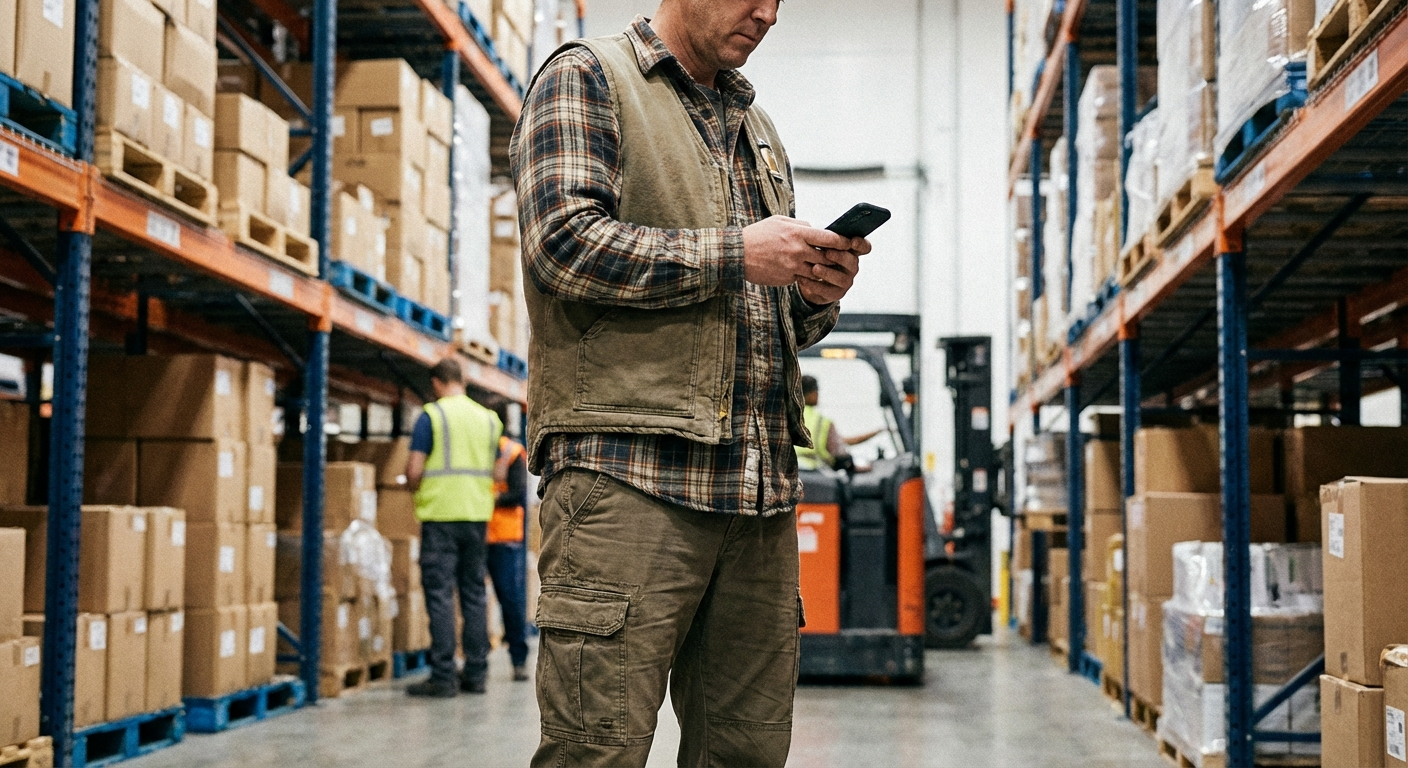 Worker checking inventory on mobile phone in distribution center