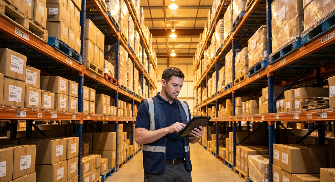 Operations worker checking inventory data on tablet in warehouse