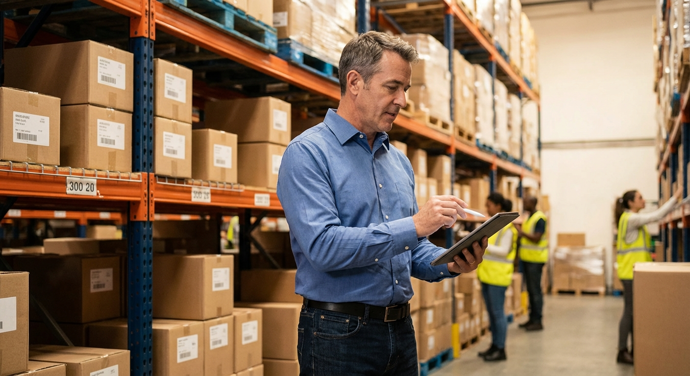 Distribution operations manager reviewing AI suggestions on a tablet in a warehouse