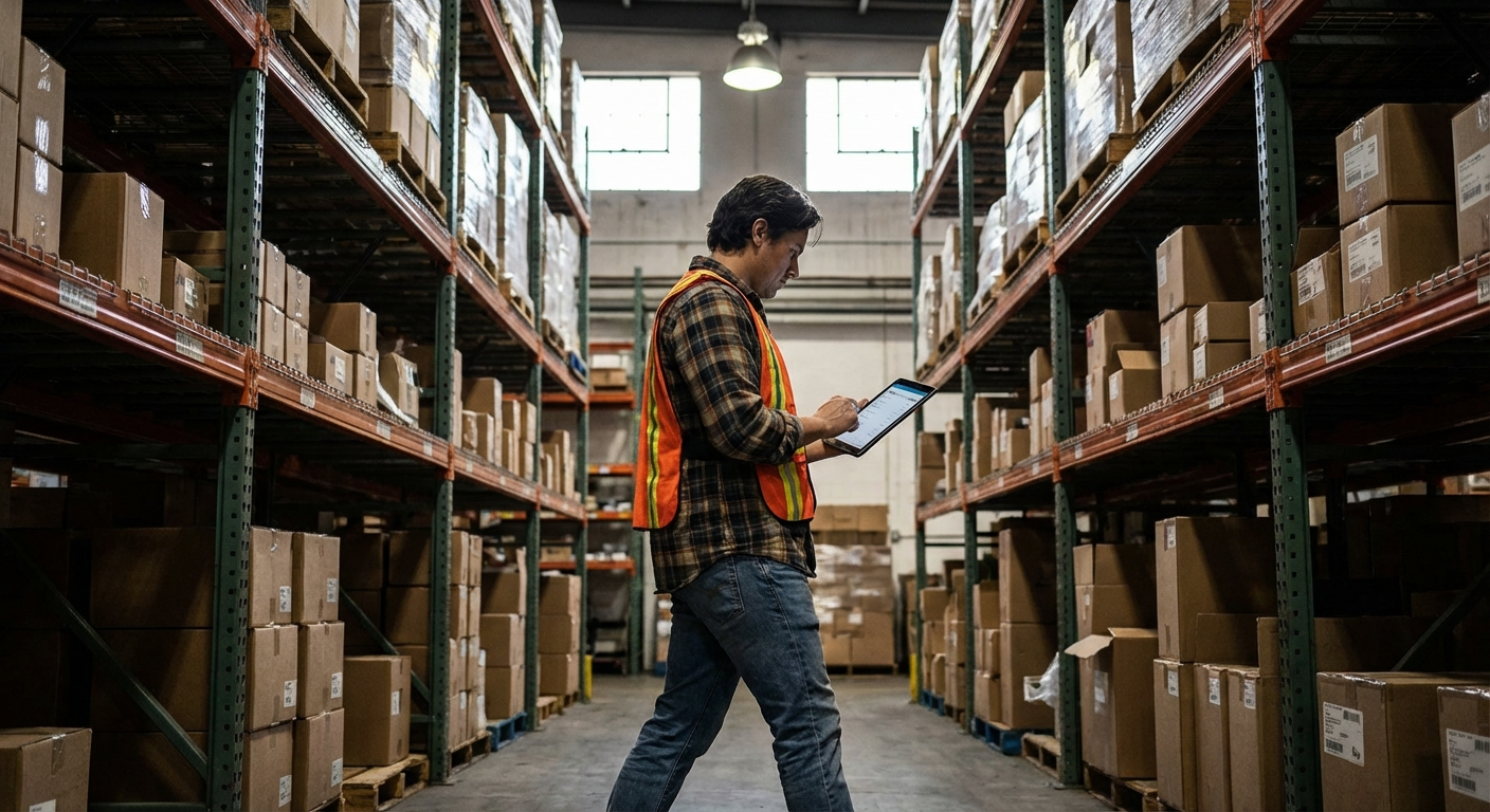 Distribution worker checking inventory on a tablet in a warehouse aisle