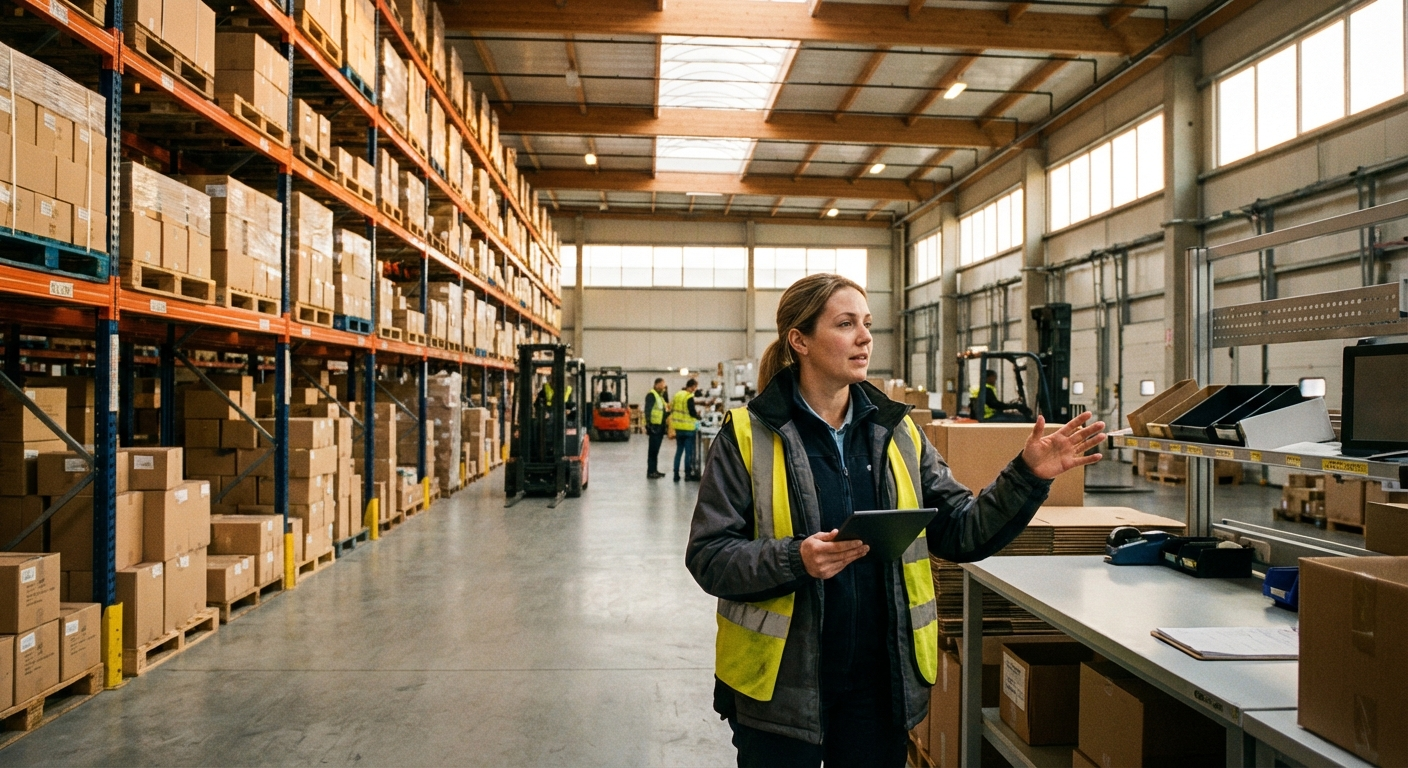 Operations manager reviewing workflow on a tablet in a distribution center