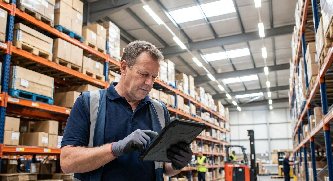 Warehouse worker checking inventory on a tablet device