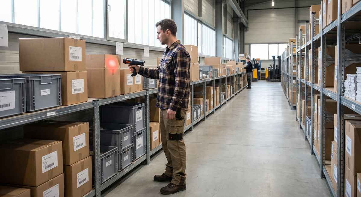 Distribution center worker scanning inventory with a handheld device