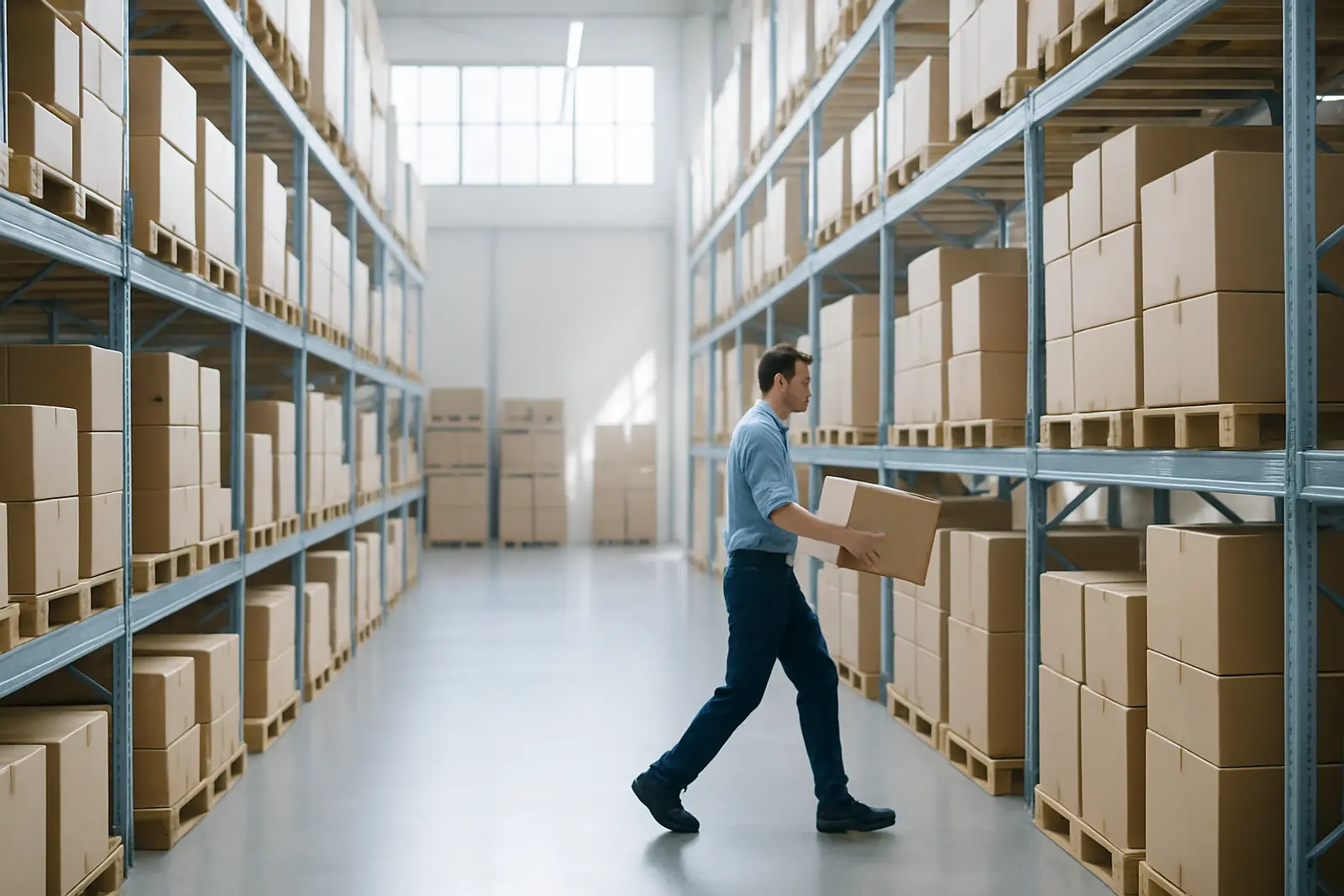 A worker moving product through a bright, organized distribution warehouse