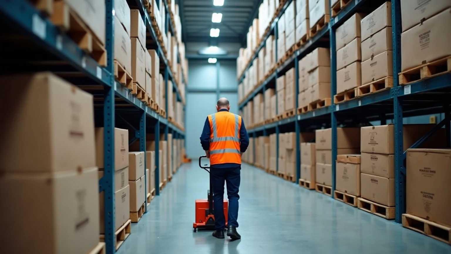 A warehouse worker moving product with a pallet jack in a distribution aisle