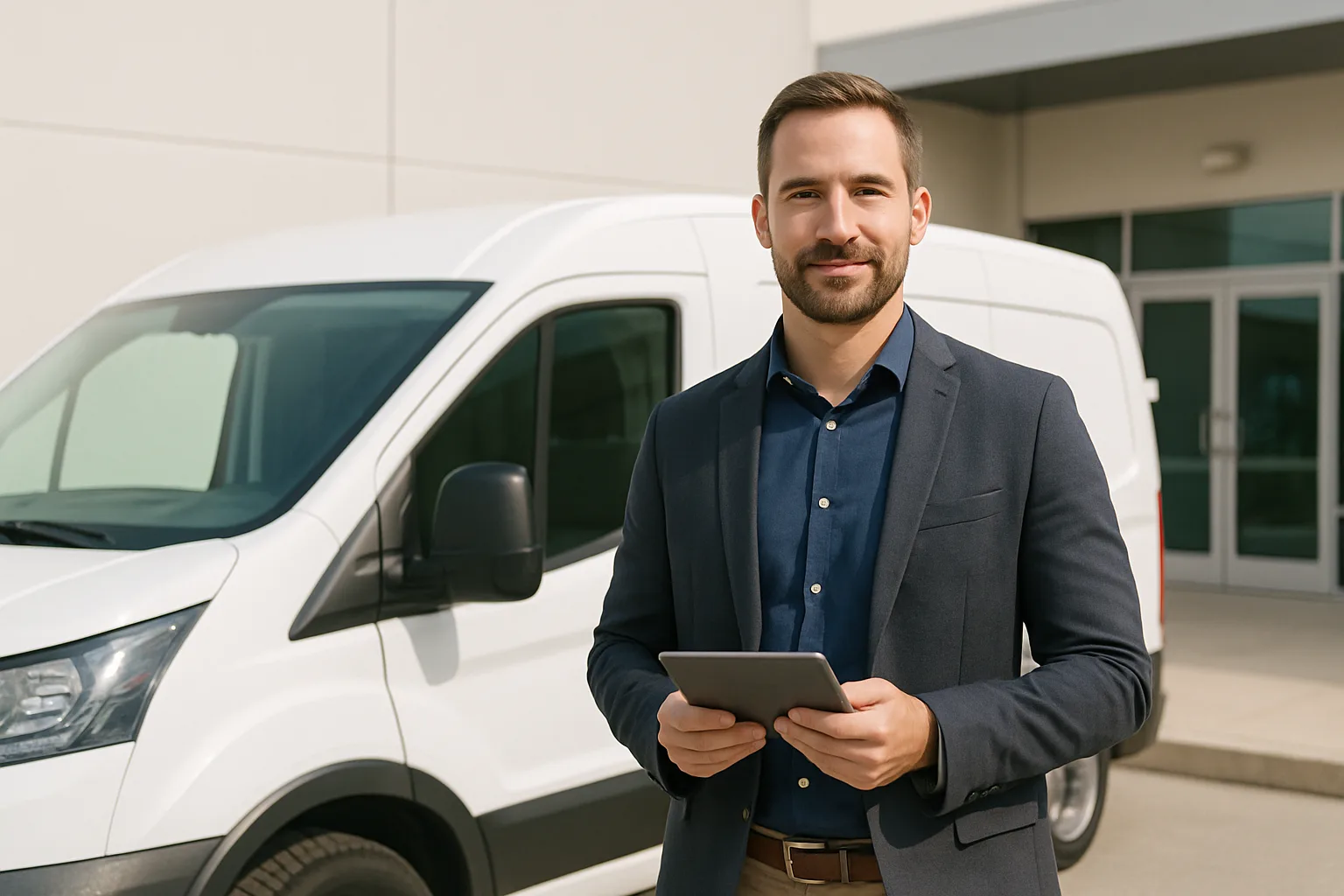 A confident field sales rep with a tablet beside a delivery van in bright daylight