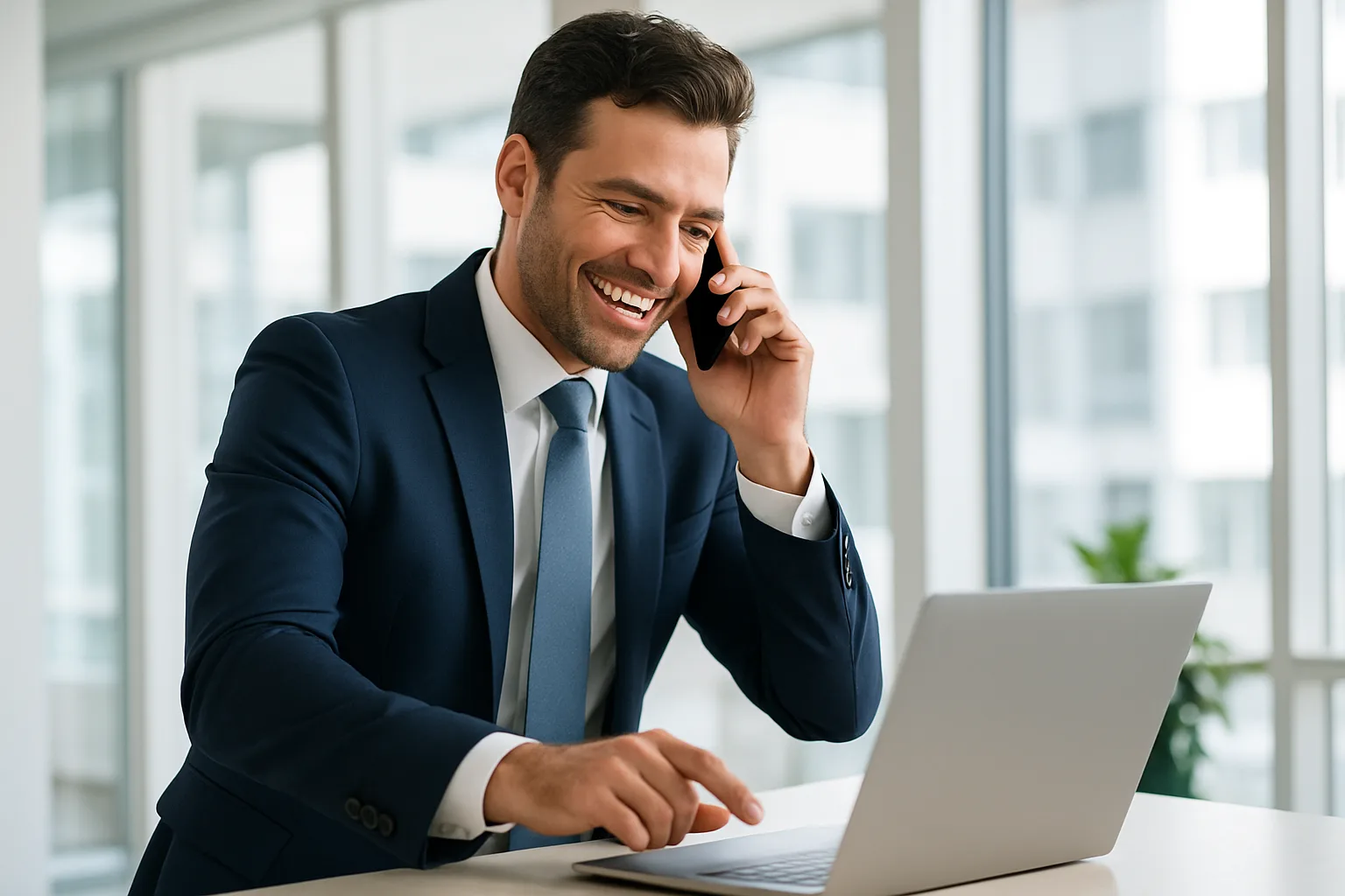 A sales rep on a productive call at a laptop in a bright office — selling, not chasing voicemail