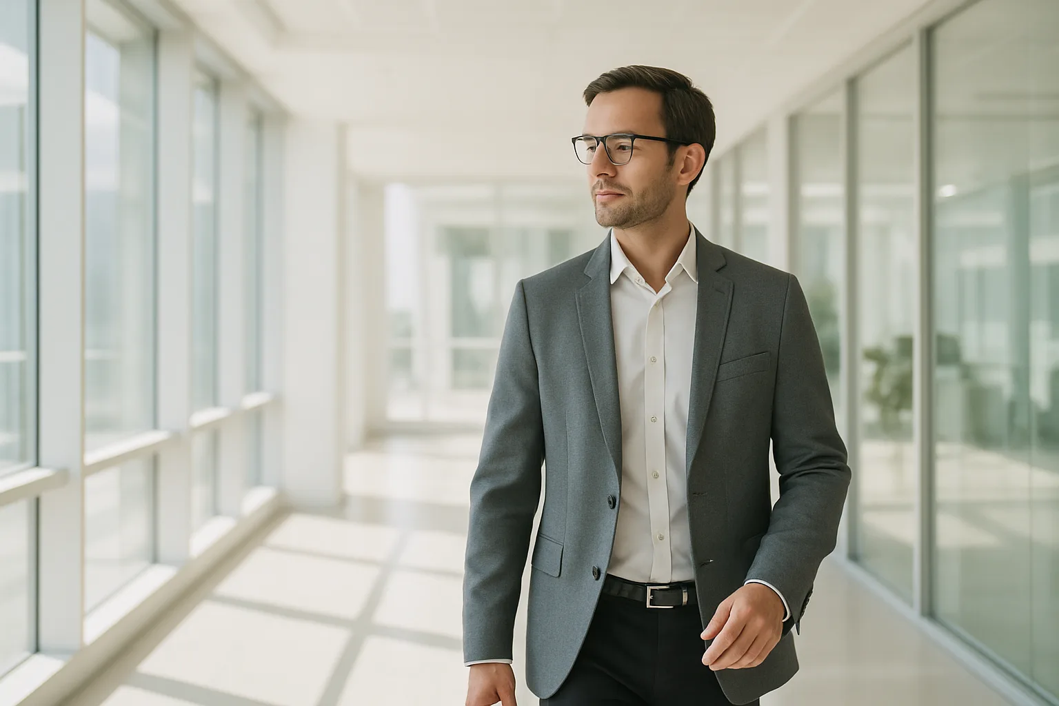 A professional walking unhurried through a bright sunlit office corridor