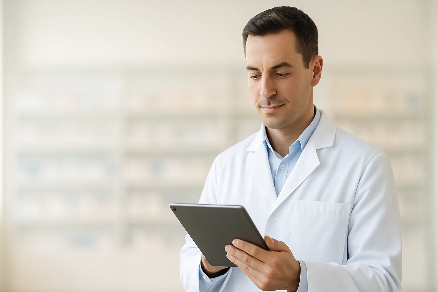 A pharmacist reviewing license and compliance data on a tablet in a bright modern pharmacy