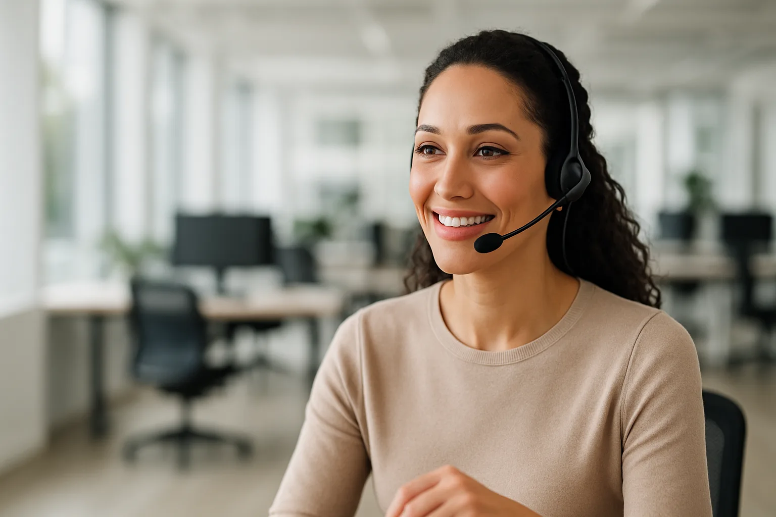 A friendly specialist with a headset mid-conversation in a bright modern office