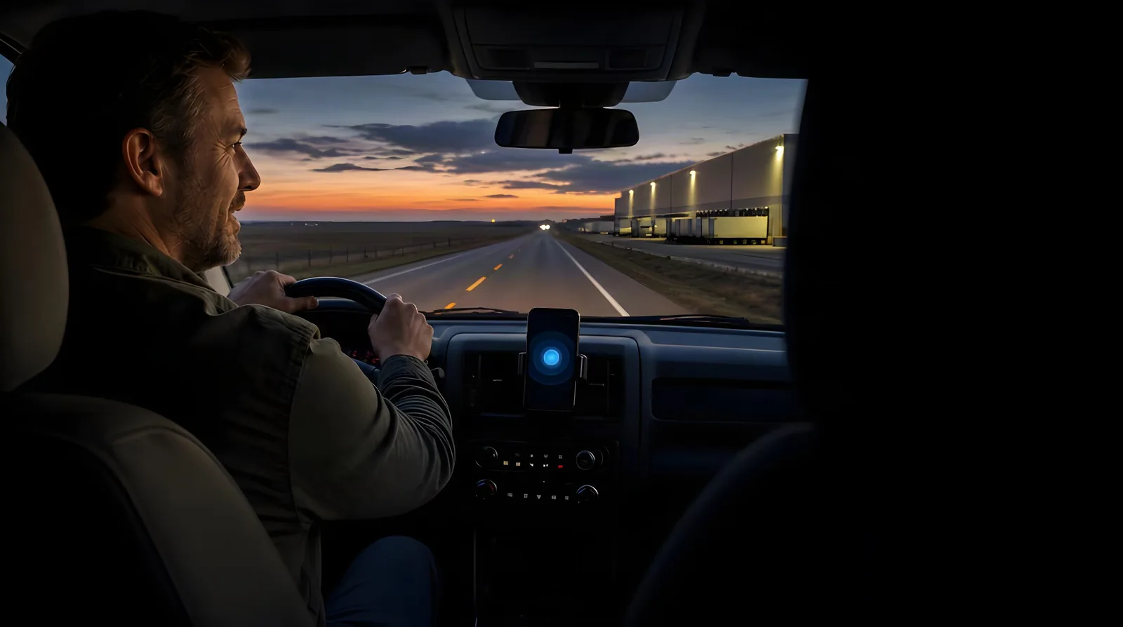 A rep driving to a customer, talking to his Workd agent on a phone in a dash mount