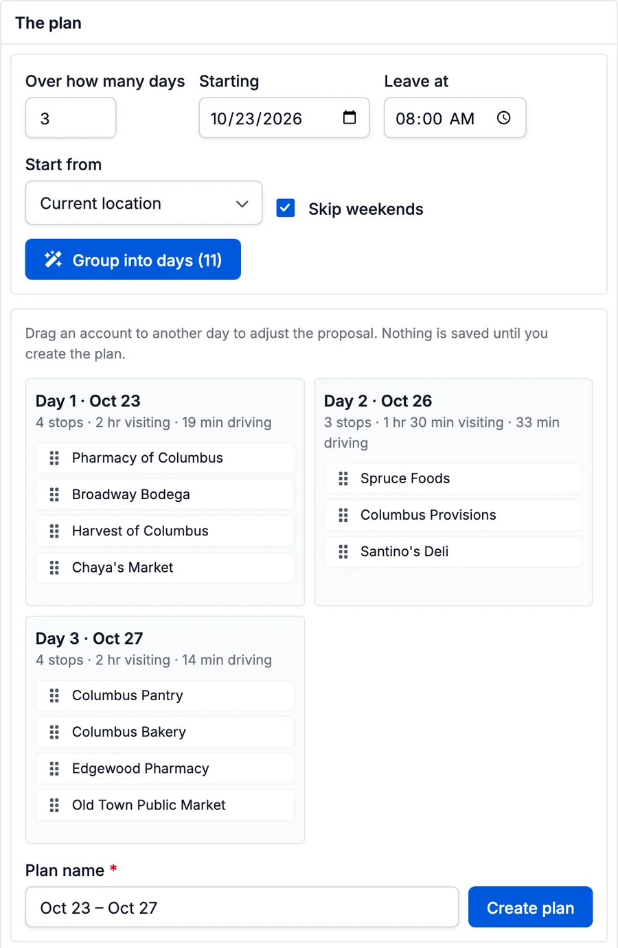 Workd's plan for three days of visits around Columbus, with stops and drive times
