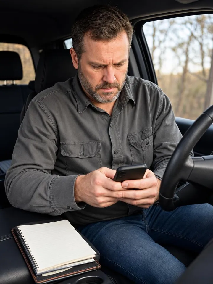 A rep texting an order in from his truck