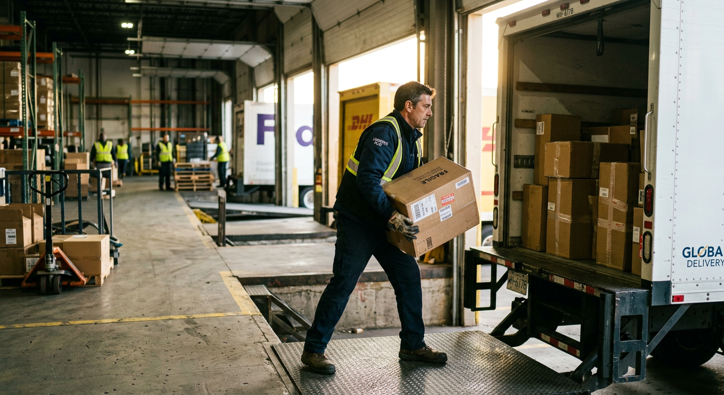 Distribution delivery driver loading truck at loading dock