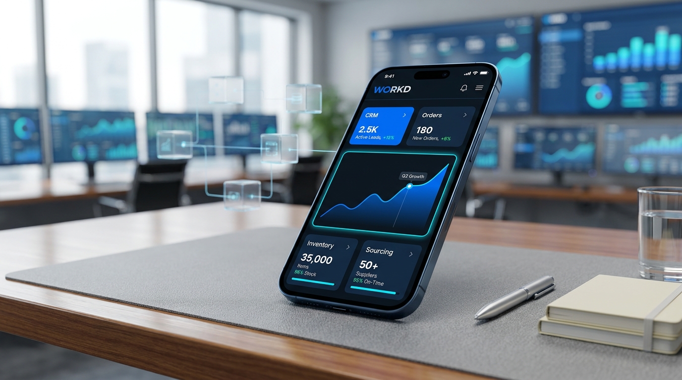 Workd ERP dashboard on a phone showing CRM, Orders, Inventory, and Sourcing module KPIs with a growth trend chart