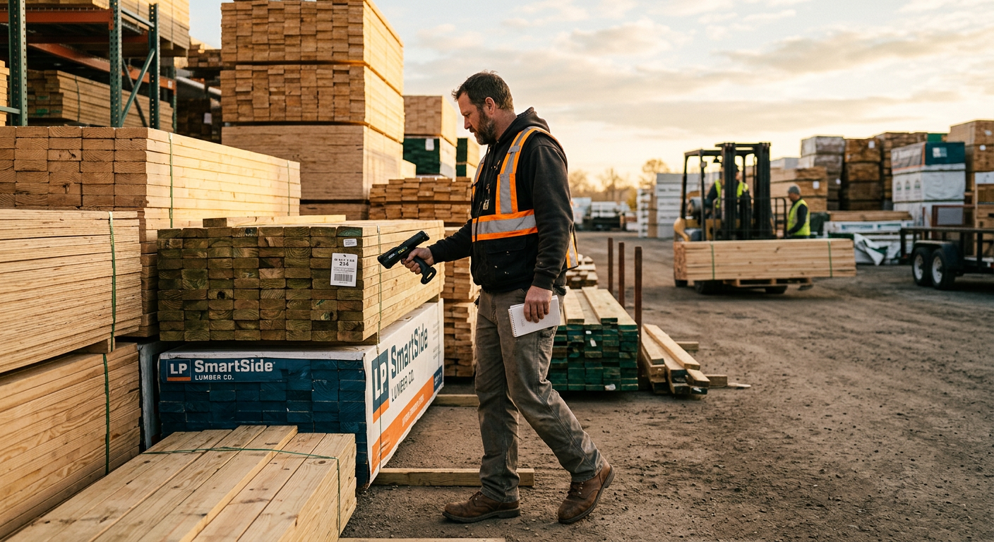 Building materials yard worker scanning lumber inventory