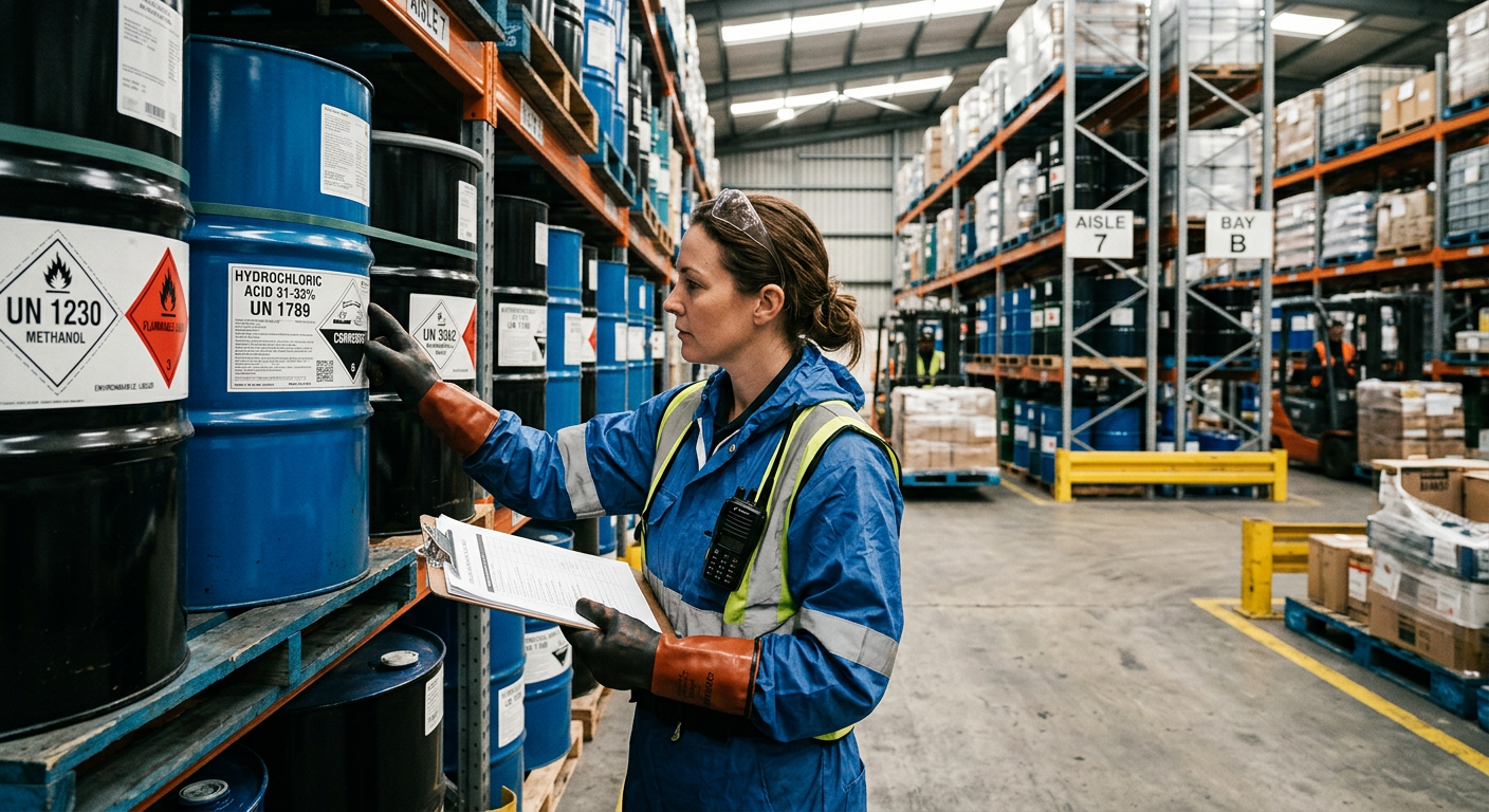 Chemical distribution warehouse worker inspecting containers
