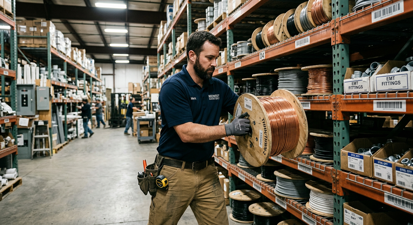 Electrical supply warehouse worker pulling wire spools