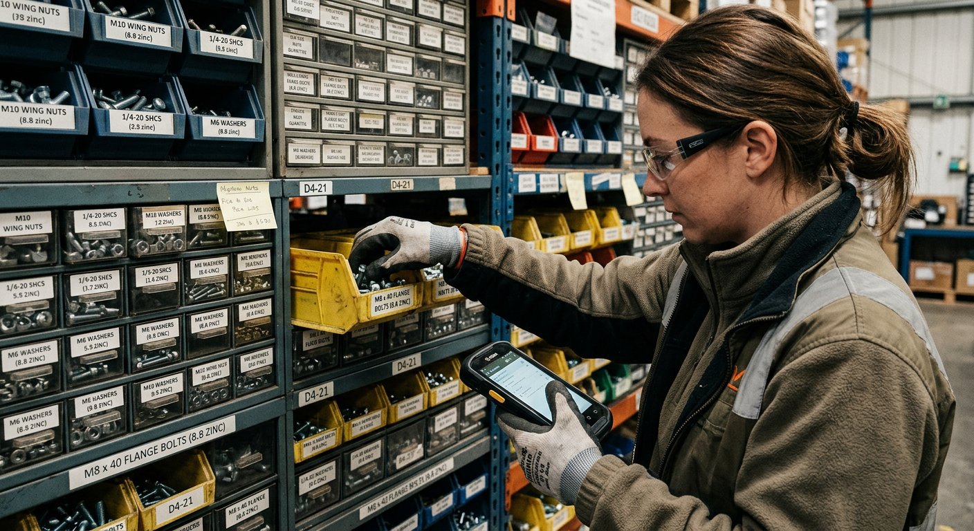 Fastener warehouse worker picking orders from bins