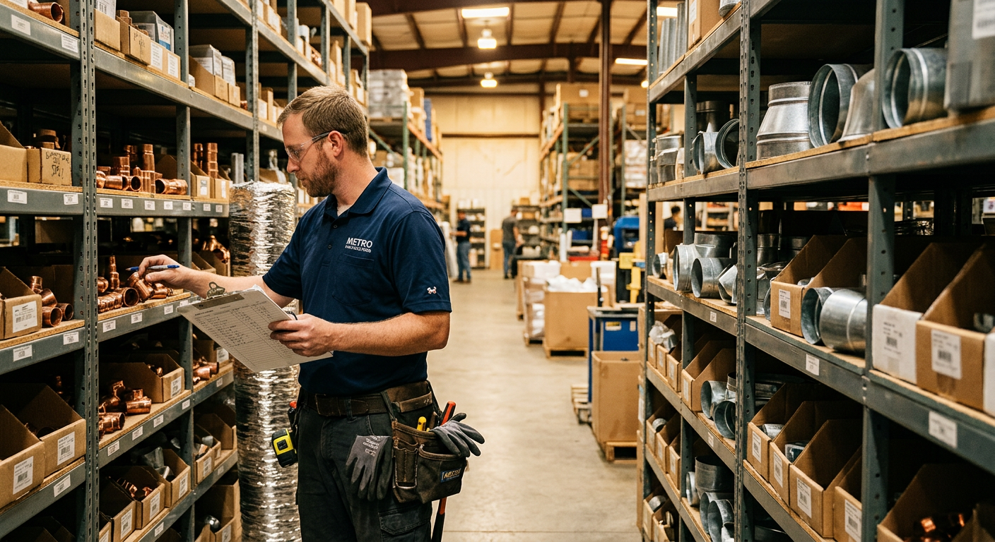 HVAC supply warehouse worker inspecting fittings