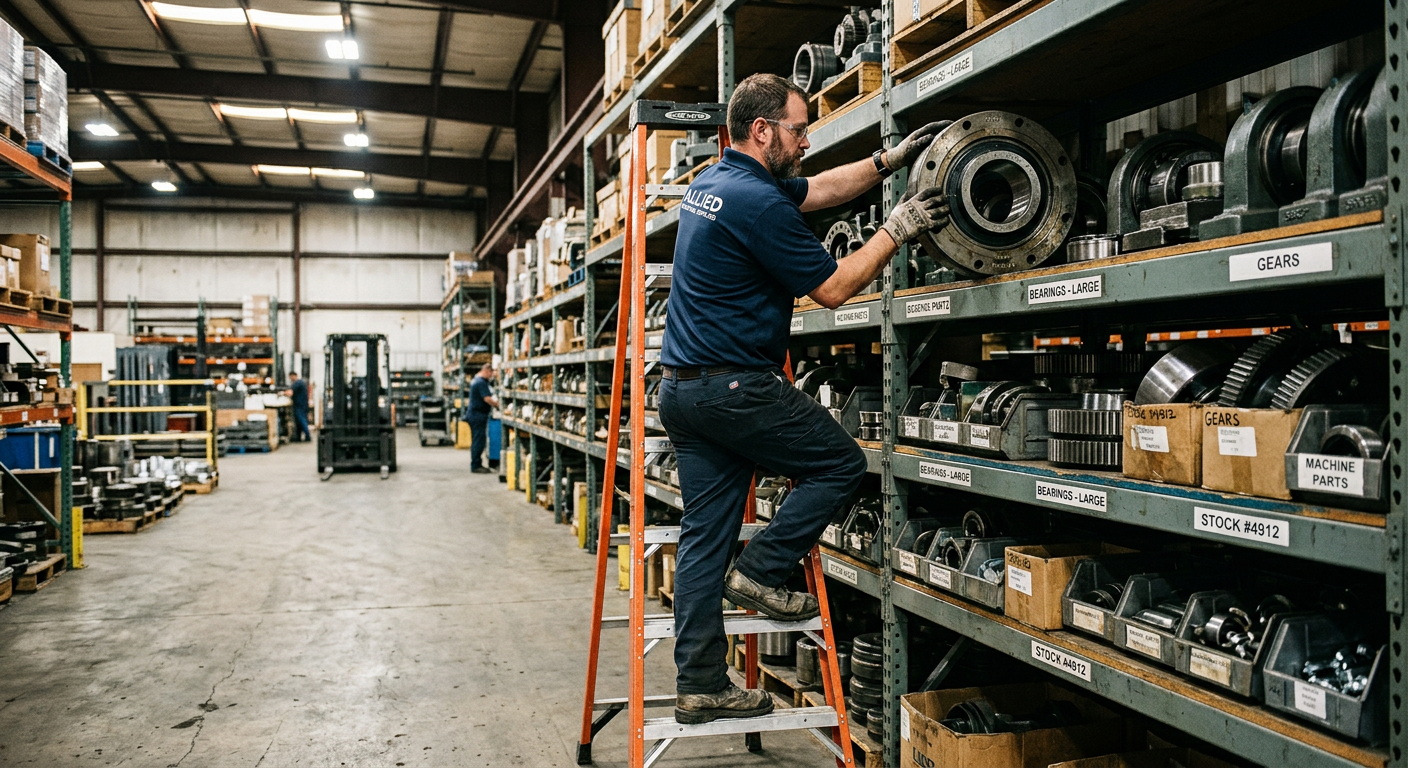 Industrial supply warehouse worker pulling parts
