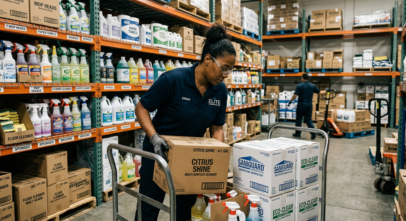 Janitorial supply warehouse worker loading products