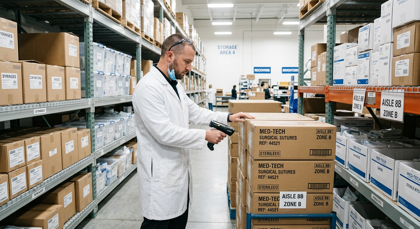Medical device distribution warehouse worker scanning