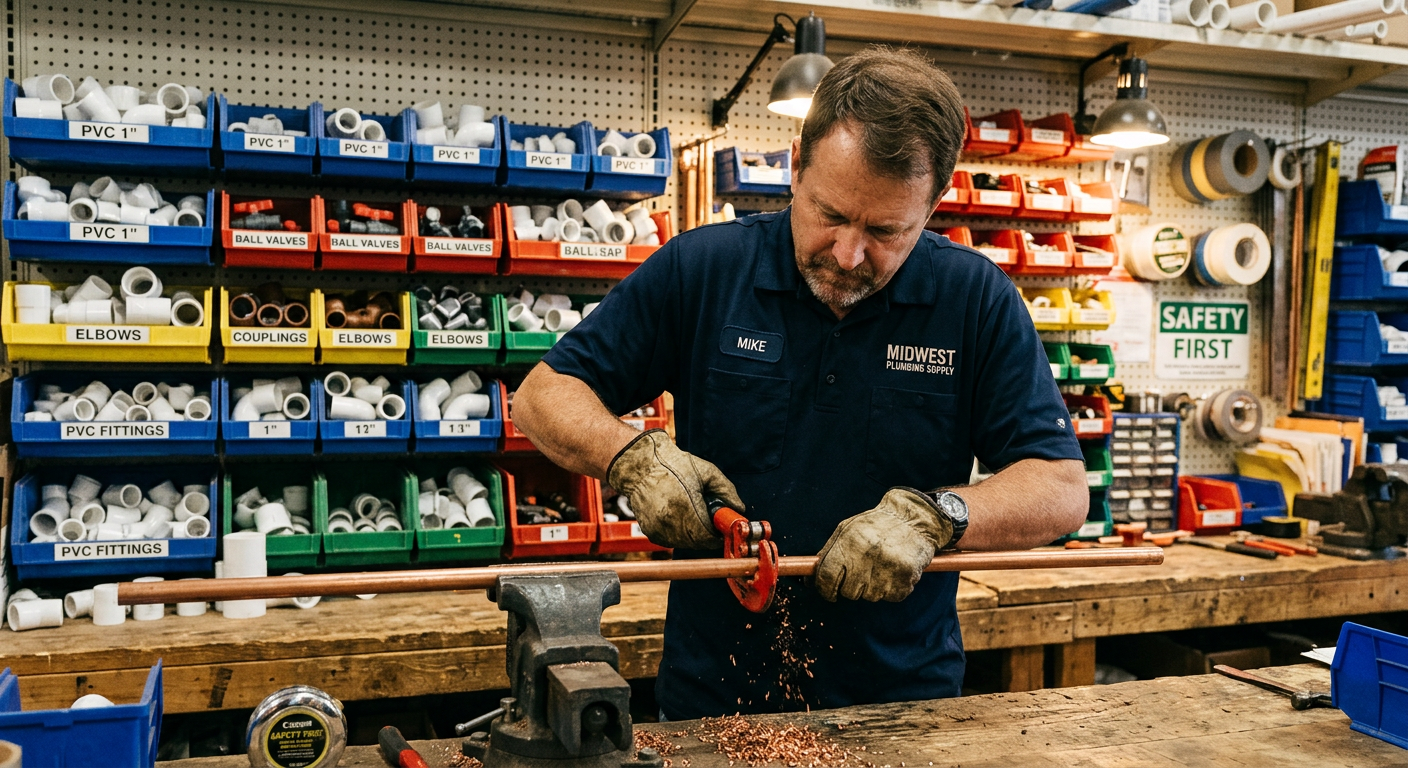 Plumbing supply counter worker cutting pipe