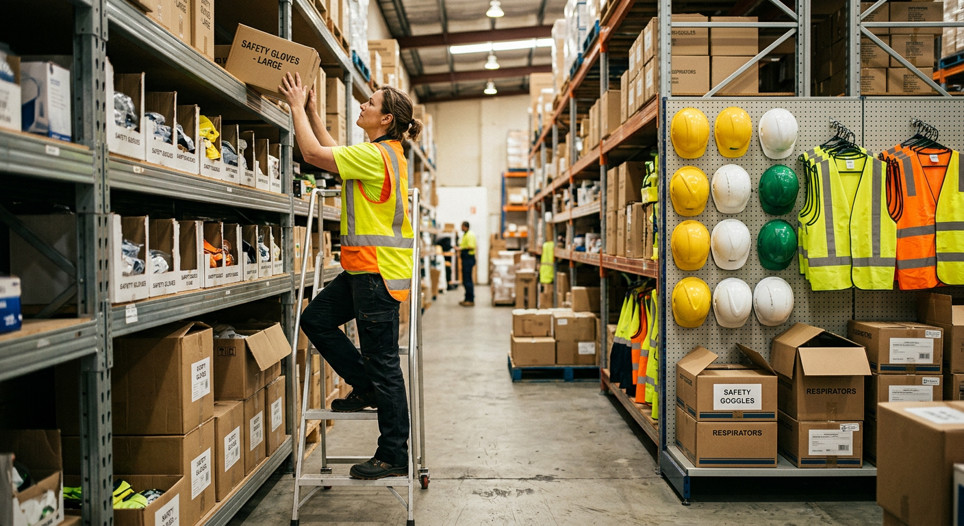 Safety supply warehouse worker stocking PPE