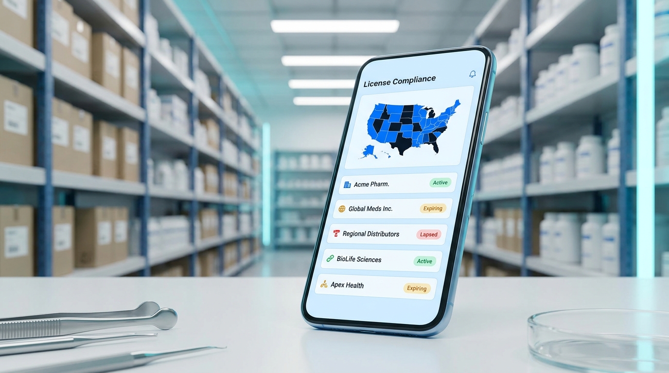 Workd License Check dashboard on a phone showing customer accounts with Active, Expiring, and Lapsed status pills
