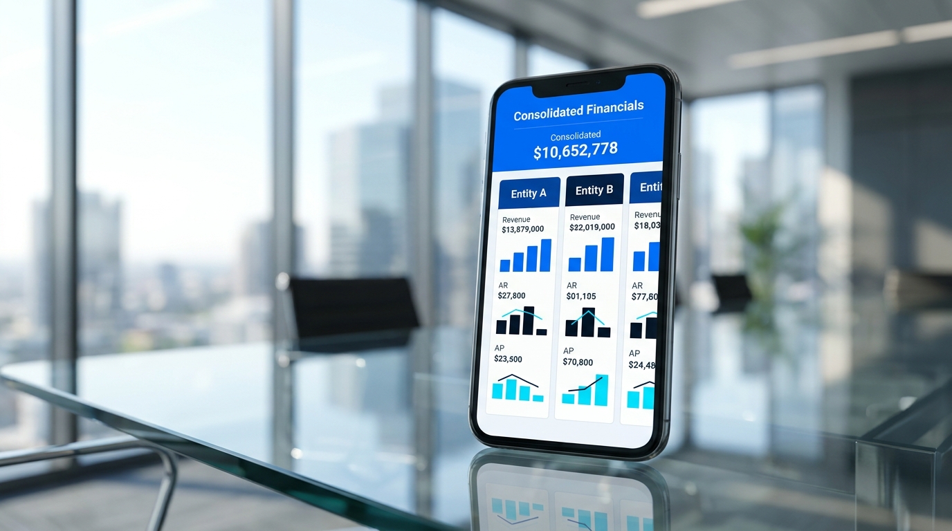 Workd Consolidated Financials dashboard on a phone showing per-entity revenue, AR, and AP with a parent-level total