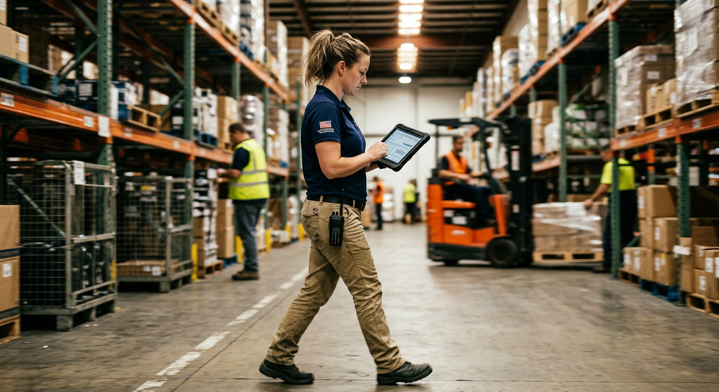 Operations manager reviewing order dashboard in warehouse office