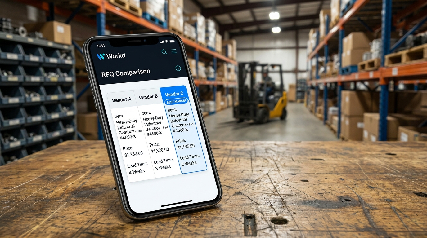 Workd RFQ Comparison view on a phone showing three vendor quotes side-by-side with a Best Margin badge