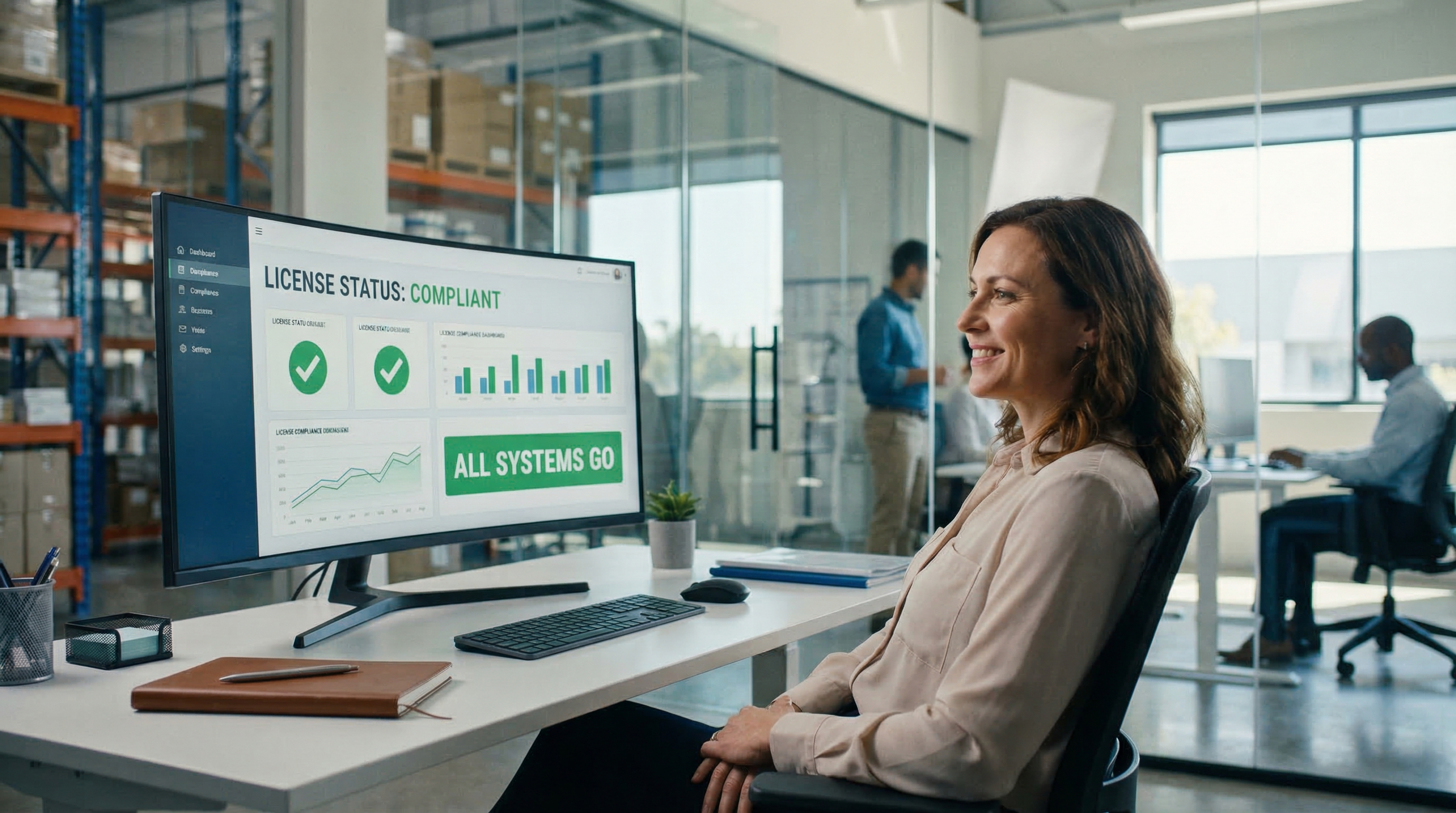 Compliance officer reviewing license status dashboard